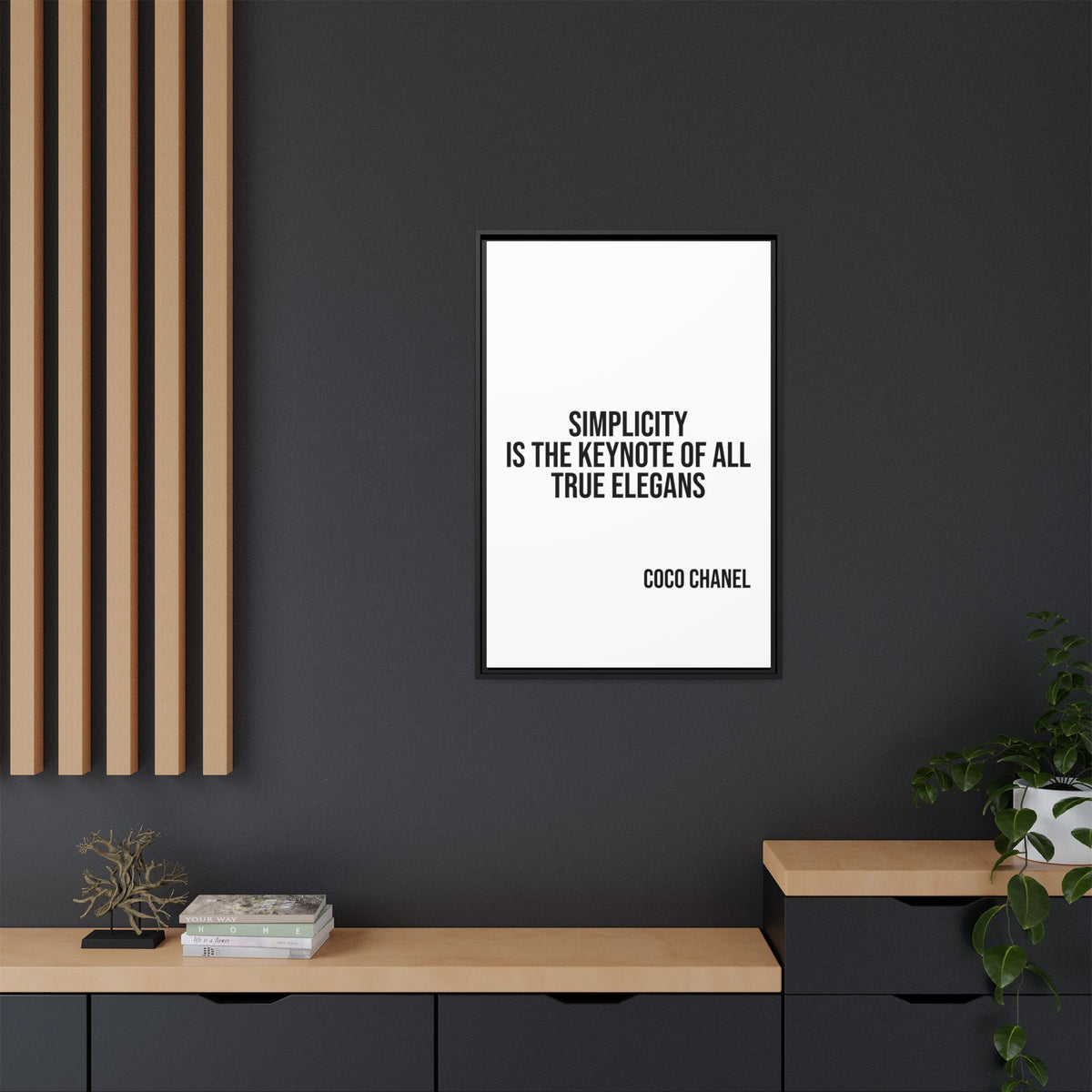 Coco Chanel Quote Framed Canvas — "Simplicity Is the Keynote of All True Elegans"