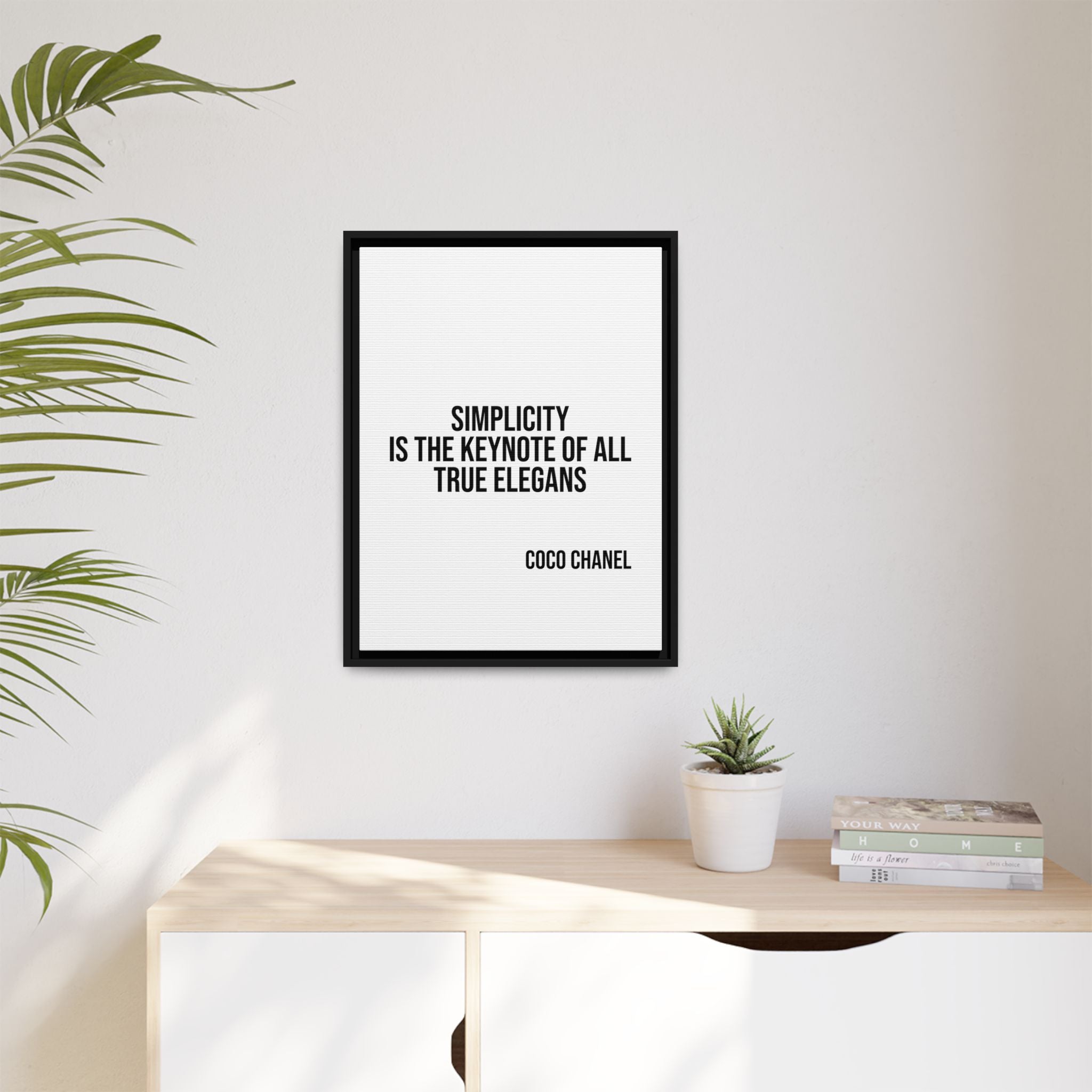 Coco Chanel Quote Framed Canvas — "Simplicity Is the Keynote of All True Elegans"